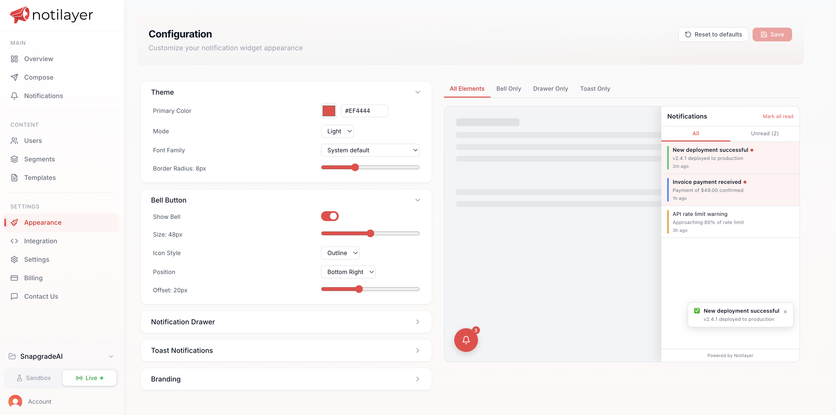 Notilayer dashboard — configure notification bell, inbox drawer, and real-time toast alerts